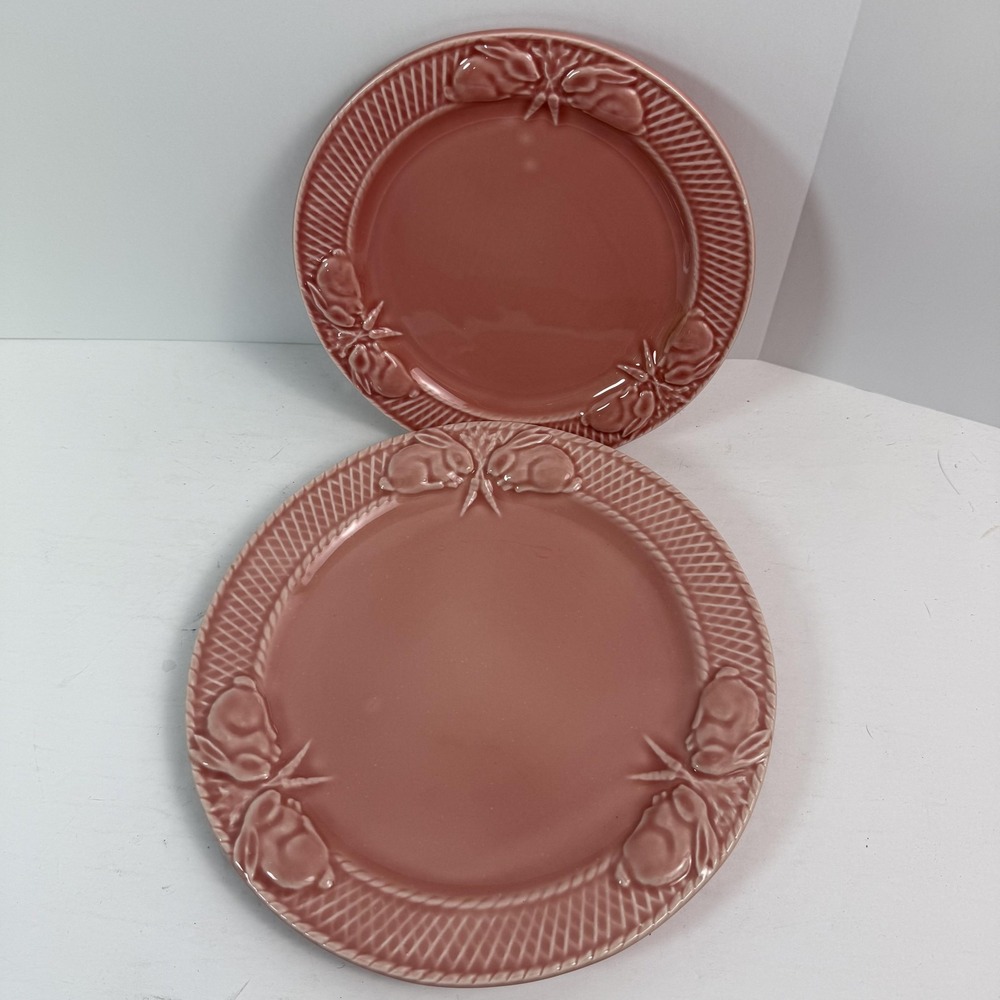 Bordallo Pinheiro Pink Rabbit Dinner & Salad Plates Easter Ceramic Set Portugal